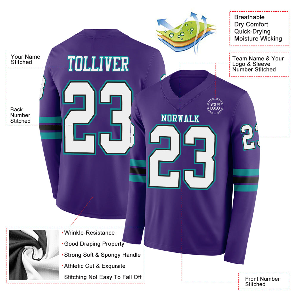 Custom Purple White Black-Teal Long Sleeve Authentic Football Jersey