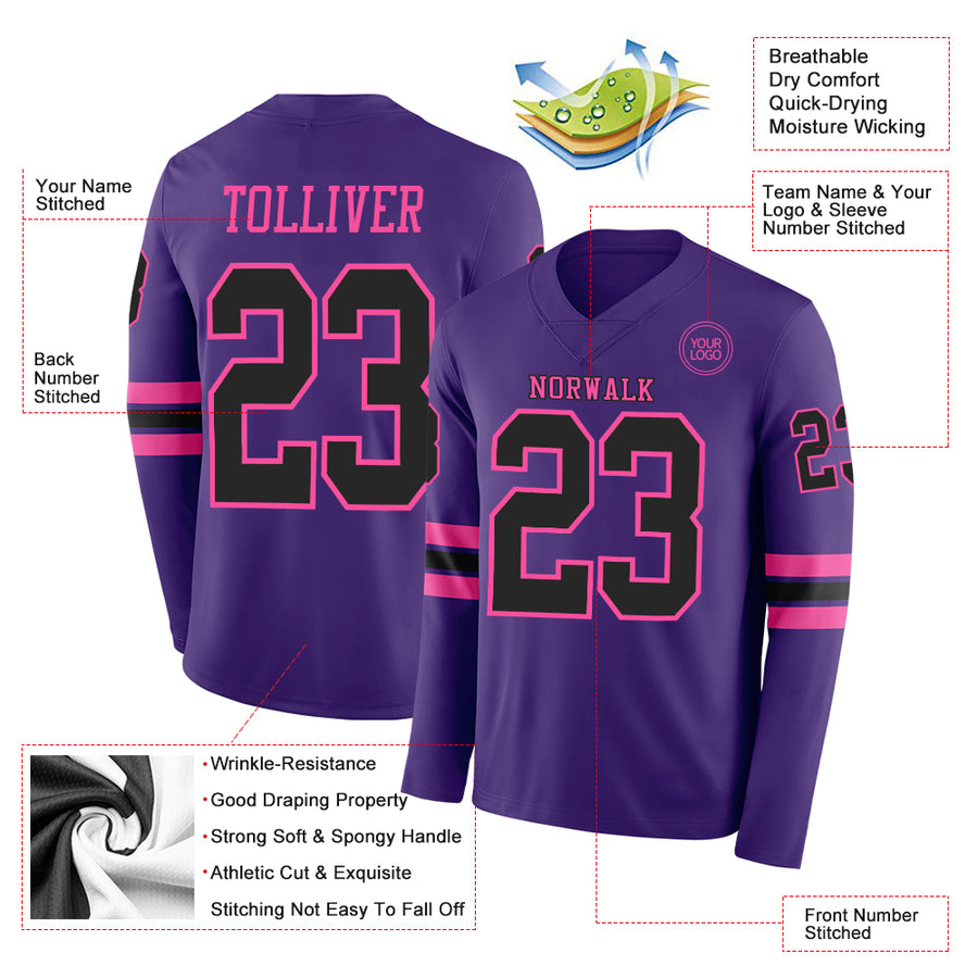 Custom Purple Black-Pink Long Sleeve Authentic Football Jersey