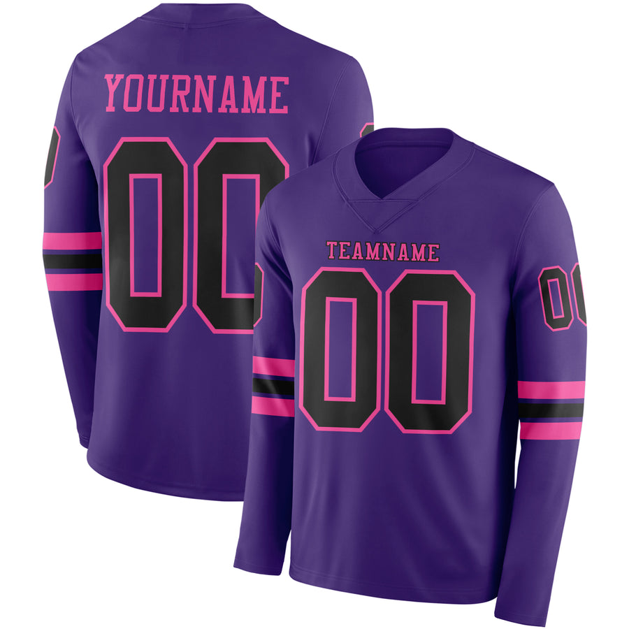 Custom Purple Black-Pink Long Sleeve Authentic Football Jersey