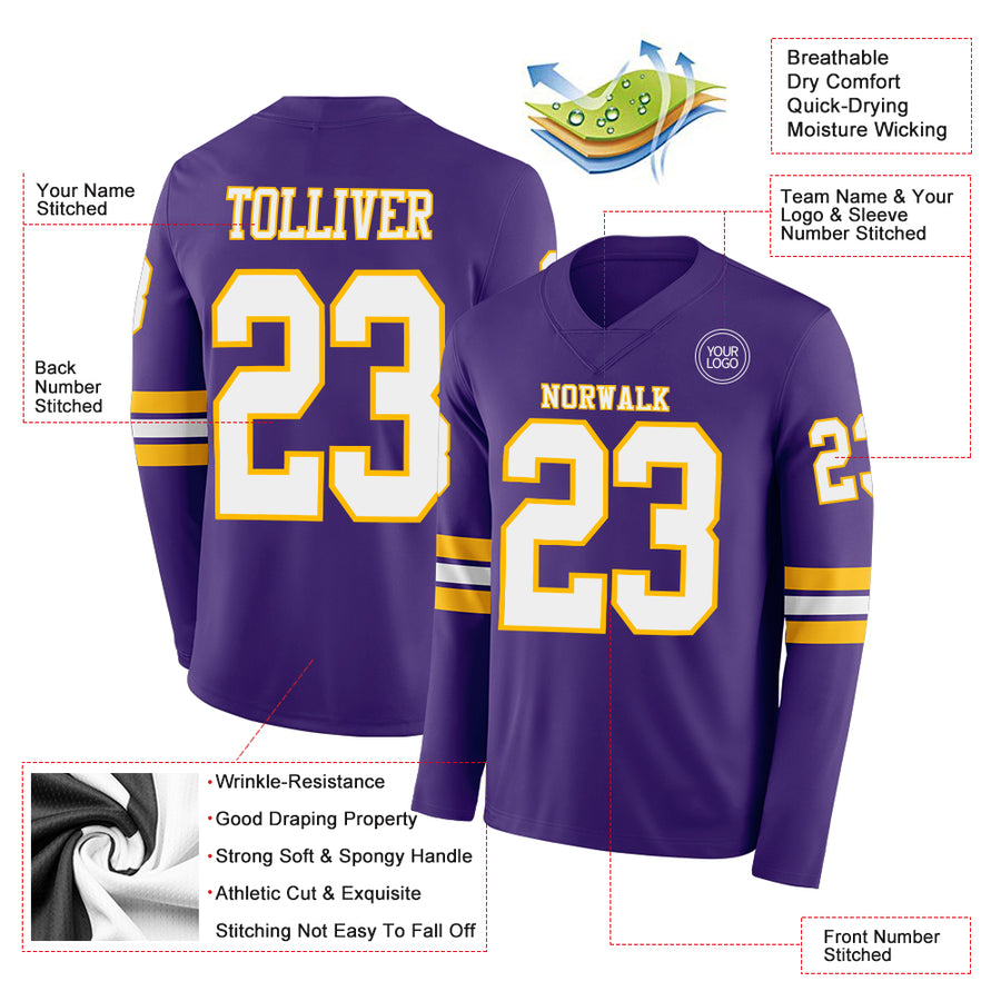 Custom Purple White-Gold Long Sleeve Authentic Football Jersey