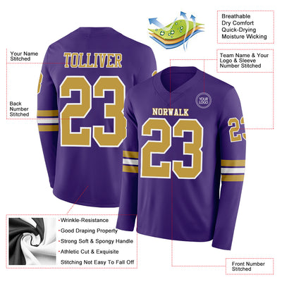 Custom Purple Old Gold-White Long Sleeve Authentic Football Jersey