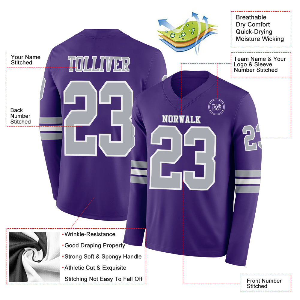 Custom Purple Gray-White Long Sleeve Authentic Football Jersey