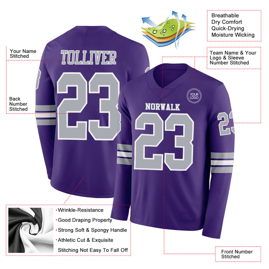 Custom Purple Gray-White Long Sleeve Authentic Football Jersey