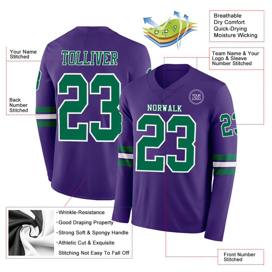 Custom Purple Kelly Green-White Long Sleeve Authentic Football Jersey