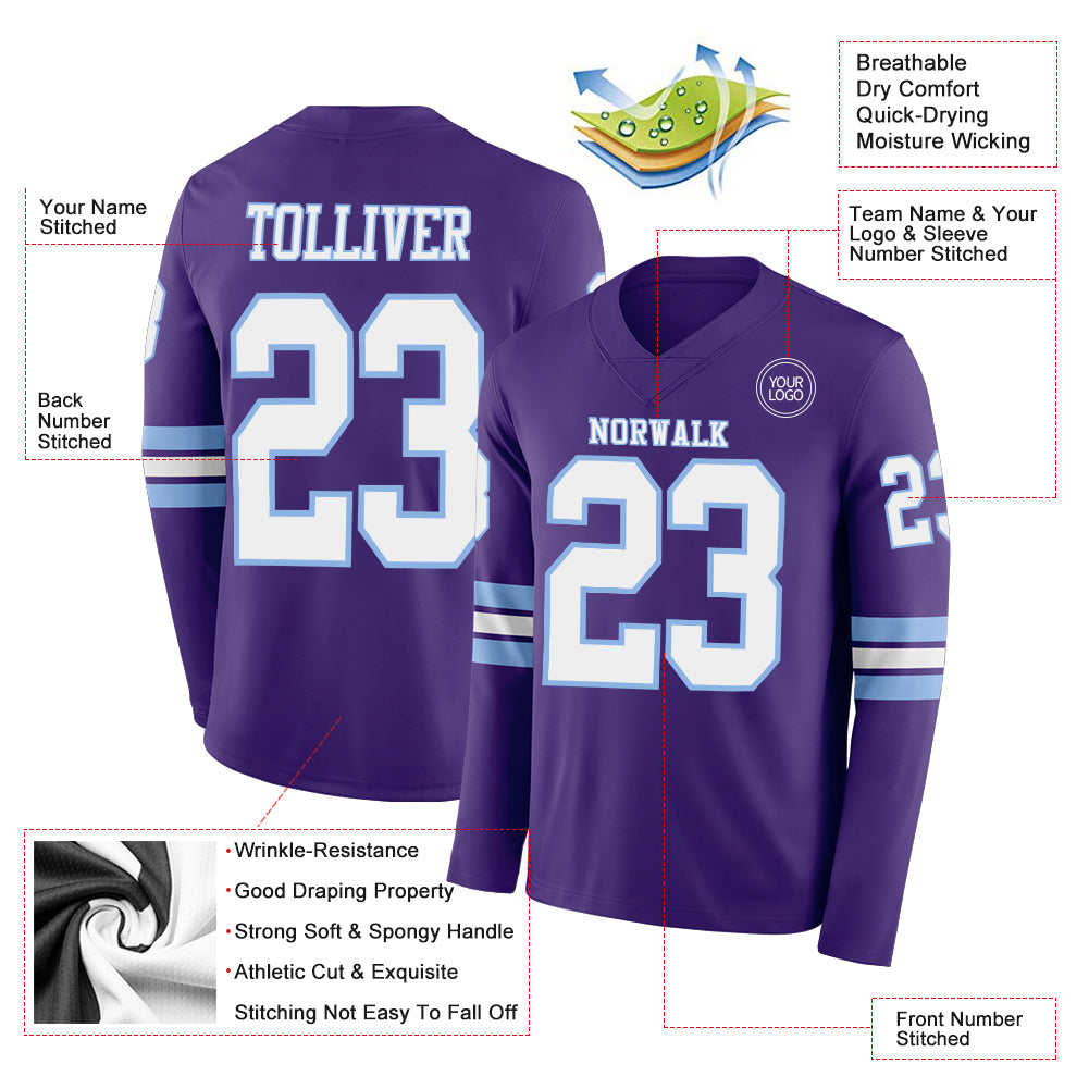 Custom Purple White-Light Blue Long Sleeve Authentic Football Jersey