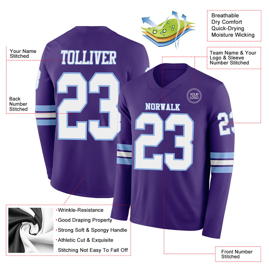 Custom Purple White-Light Blue Long Sleeve Authentic Football Jersey