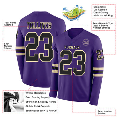 Custom Purple Black-Cream Long Sleeve Authentic Football Jersey