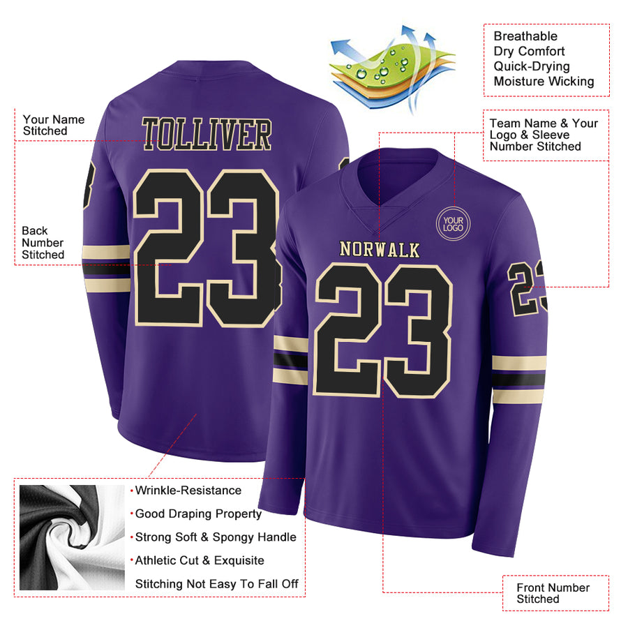 Custom Purple Black-Cream Long Sleeve Authentic Football Jersey