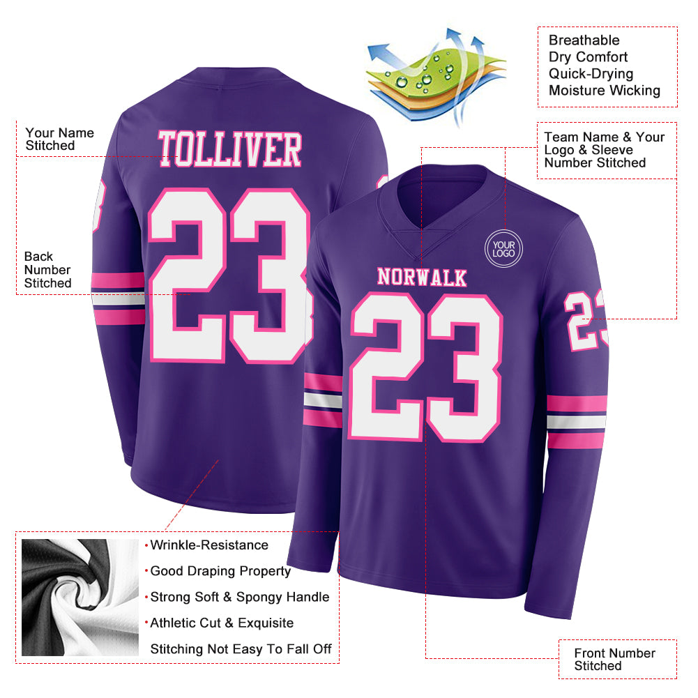 Custom Purple White-Pink Long Sleeve Authentic Football Jersey