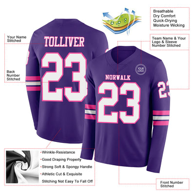 Custom Purple White-Pink Long Sleeve Authentic Football Jersey