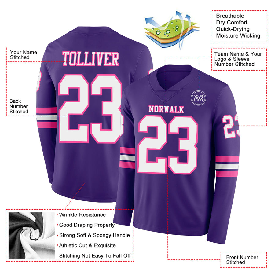 Custom Purple White-Pink Long Sleeve Authentic Football Jersey