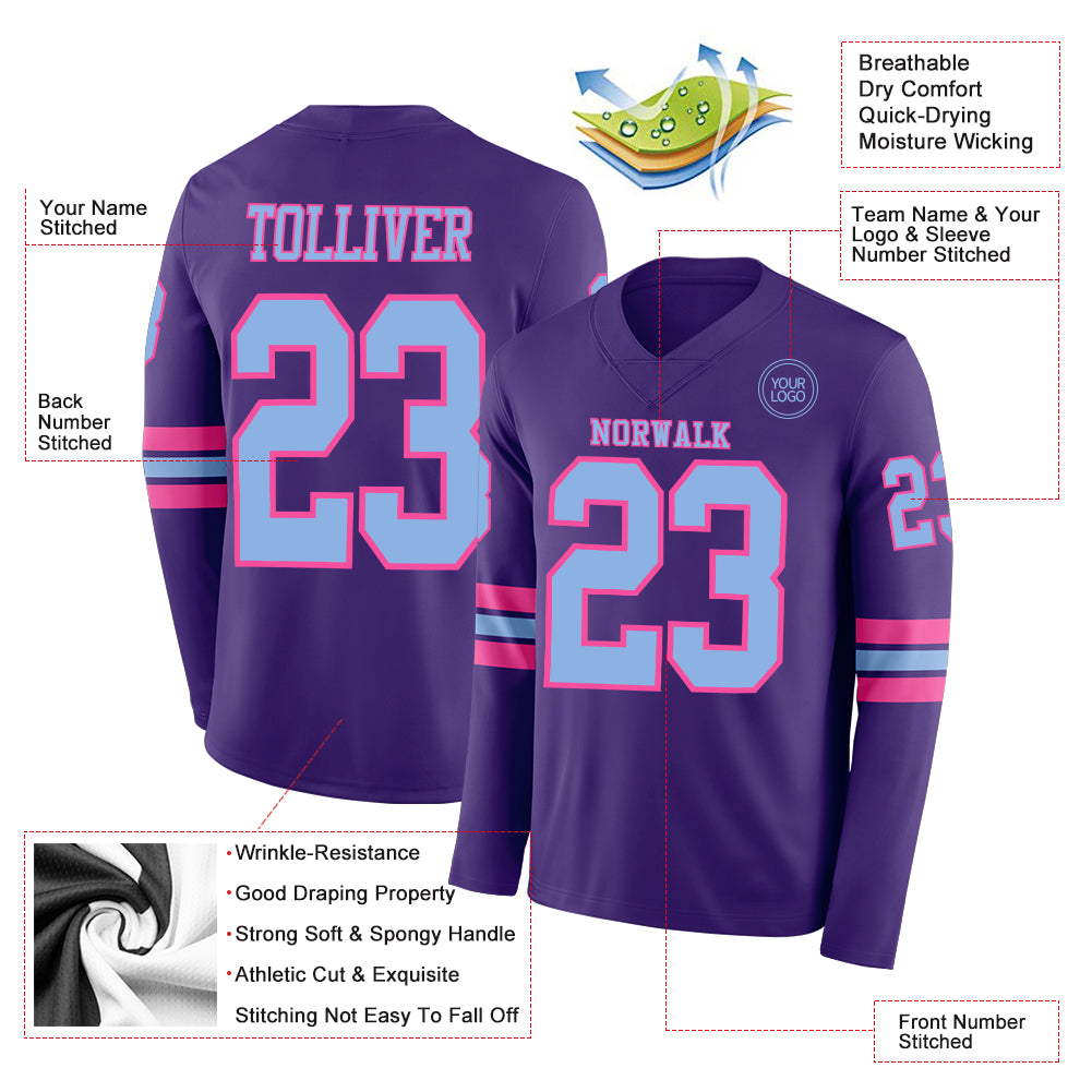 Custom Purple Light Blue-Pink Long Sleeve Authentic Football Jersey