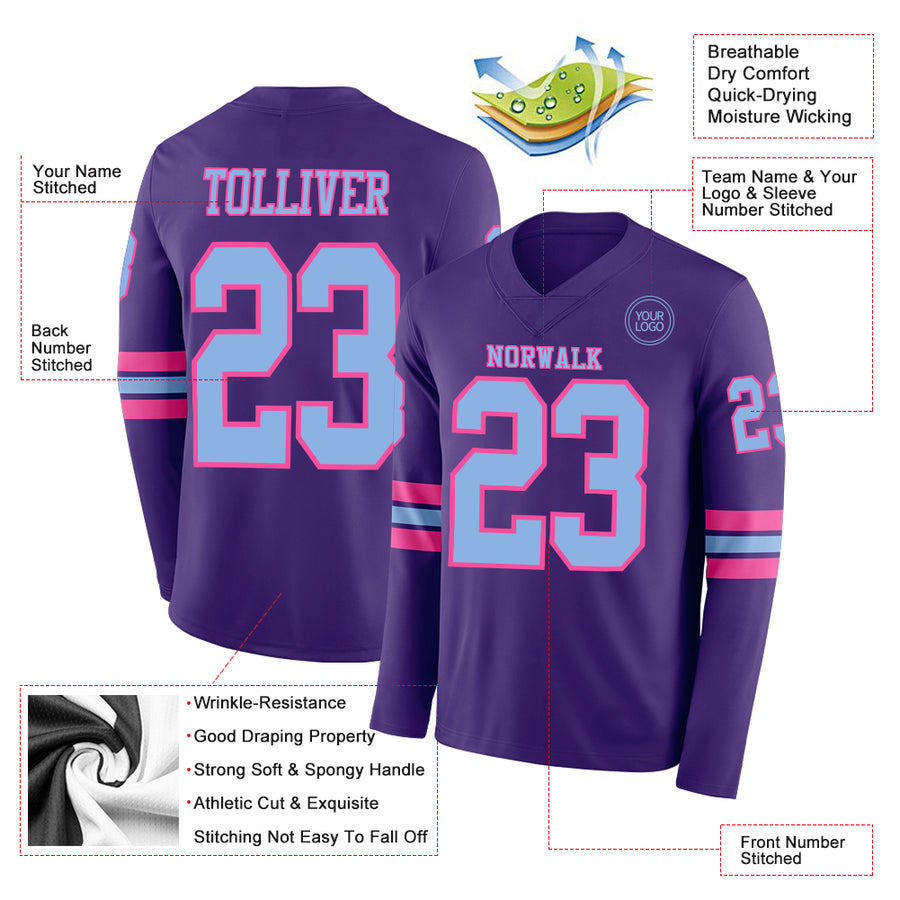 Custom Purple Light Blue-Pink Long Sleeve Authentic Football Jersey