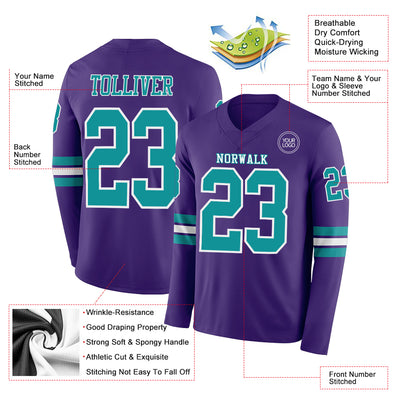 Custom Purple Teal-White Long Sleeve Authentic Football Jersey