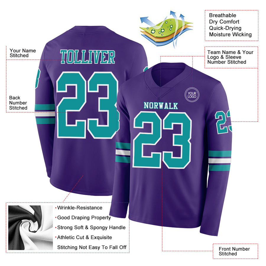 Custom Purple Teal-White Long Sleeve Authentic Football Jersey