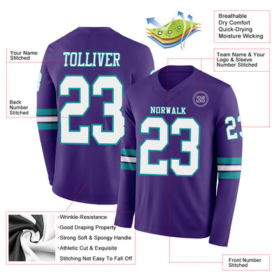 Custom Purple White-Teal Long Sleeve Authentic Football Jersey