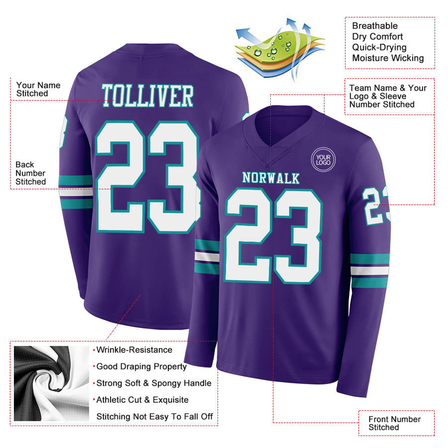 Custom Purple White-Teal Long Sleeve Authentic Football Jersey