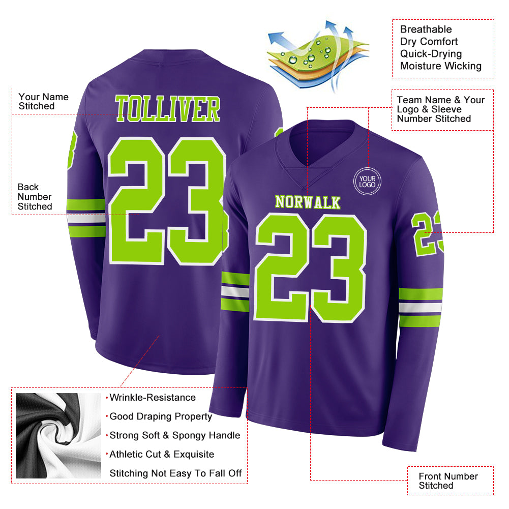 Custom Purple Neon Green-White Long Sleeve Authentic Football Jersey