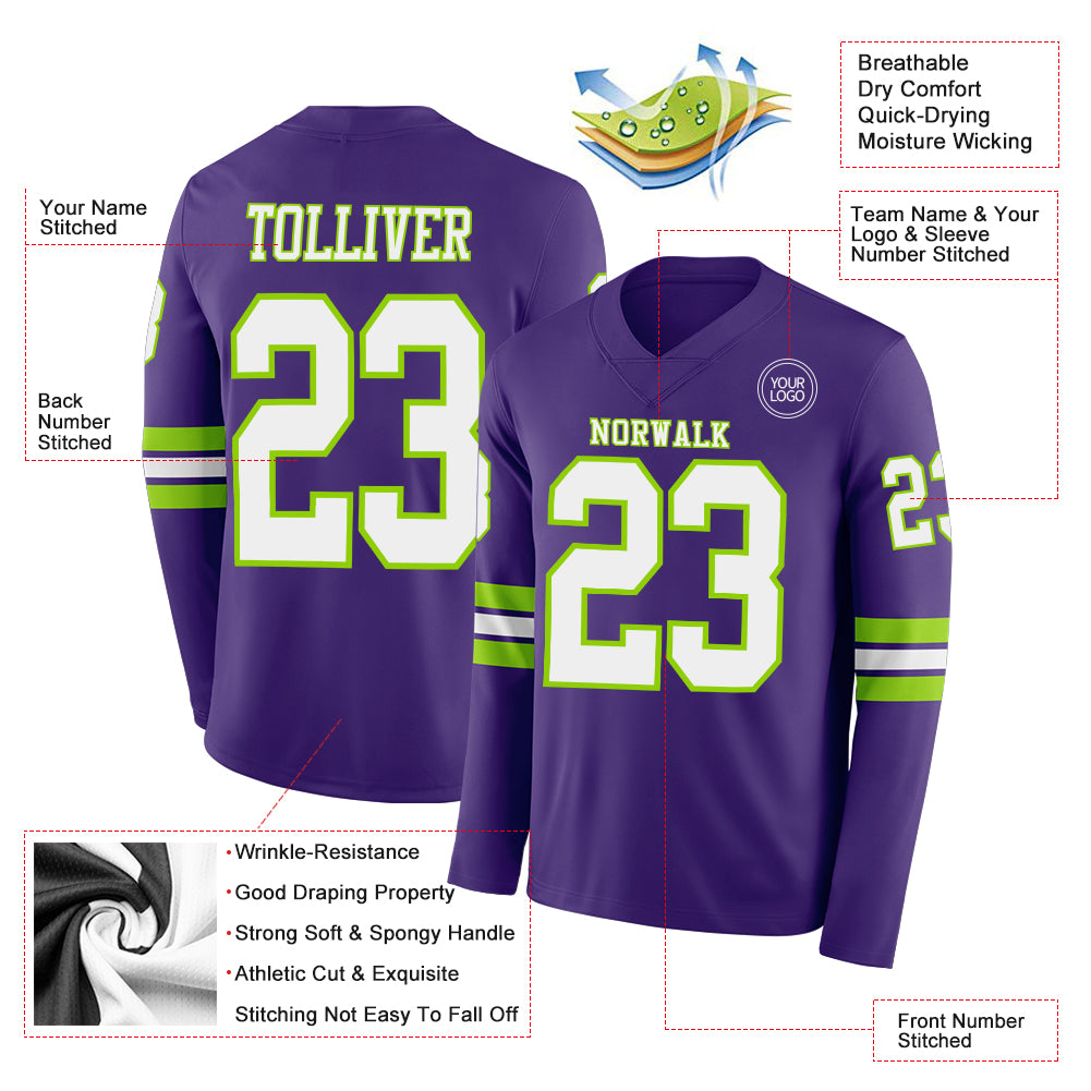 Custom Purple White-Neon Green Long Sleeve Authentic Football Jersey