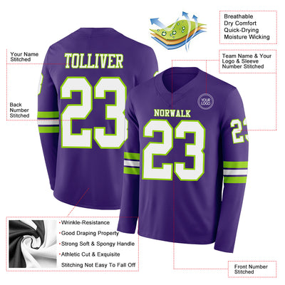 Custom Purple White-Neon Green Long Sleeve Authentic Football Jersey