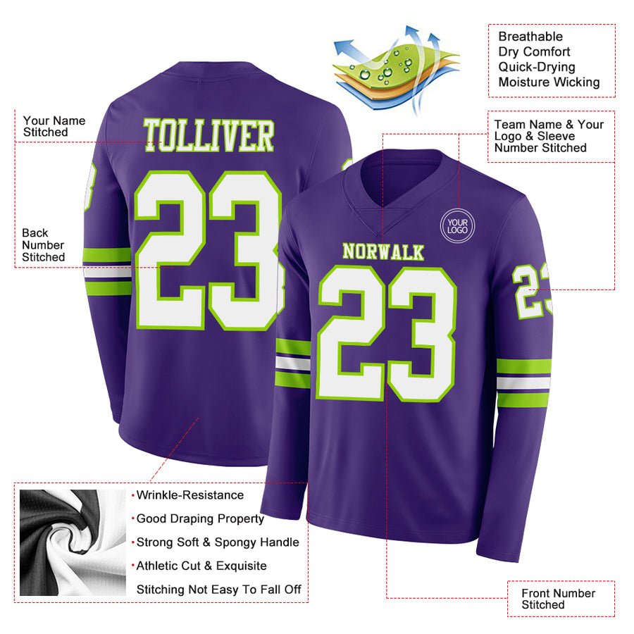 Custom Purple White-Neon Green Long Sleeve Authentic Football Jersey