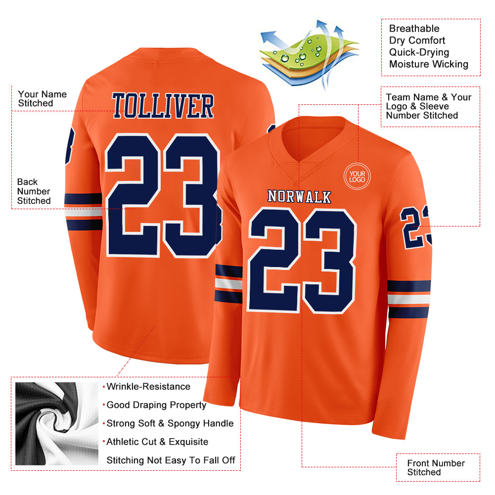 Custom Orange Navy-White Long Sleeve Authentic Football Jersey