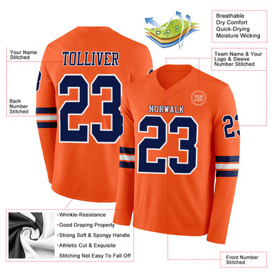 Custom Orange Navy-White Long Sleeve Authentic Football Jersey