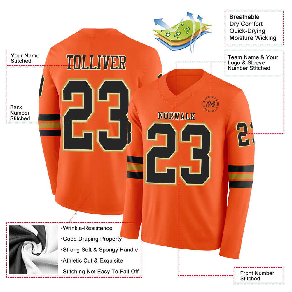 Custom Orange Black Cream-Old Gold Long Sleeve Authentic Football Jersey