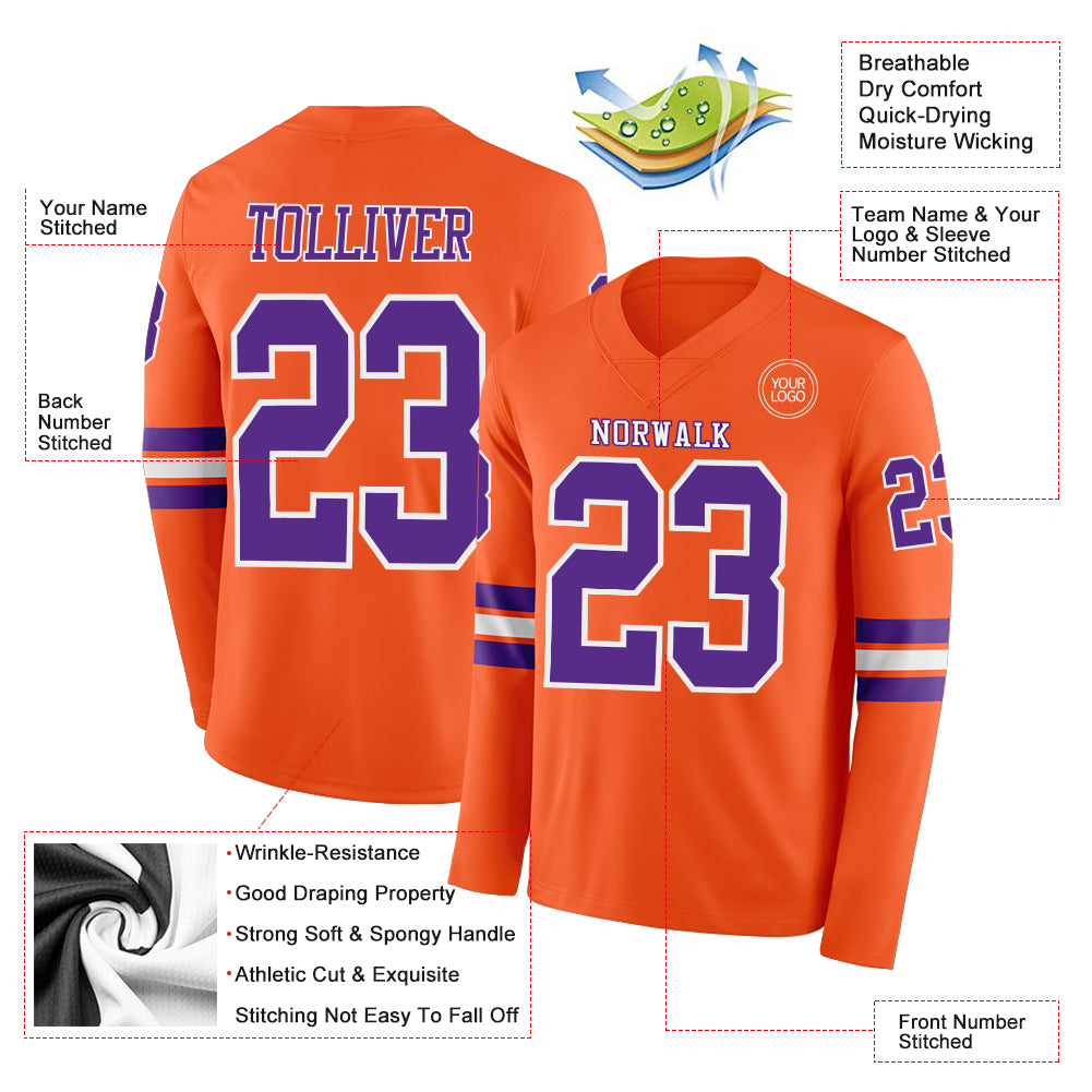Custom Orange Purple-White Long Sleeve Authentic Football Jersey