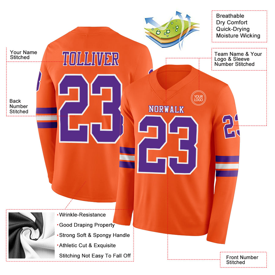 Custom Orange Purple-White Long Sleeve Authentic Football Jersey