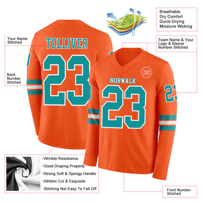 Custom Orange Teal-White Long Sleeve Authentic Football Jersey