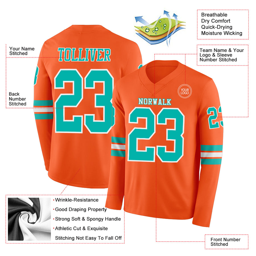 Custom Orange Aqua-White Long Sleeve Authentic Football Jersey