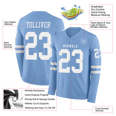 Custom Light Blue White Long Sleeve Authentic Football Jersey