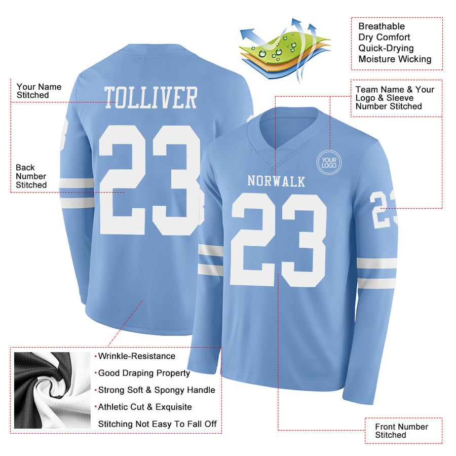 Custom Light Blue White Long Sleeve Authentic Football Jersey
