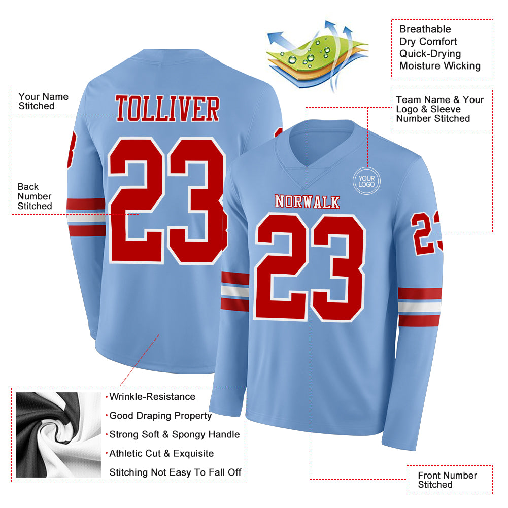 Custom Light Blue Red-White Long Sleeve Authentic Football Jersey