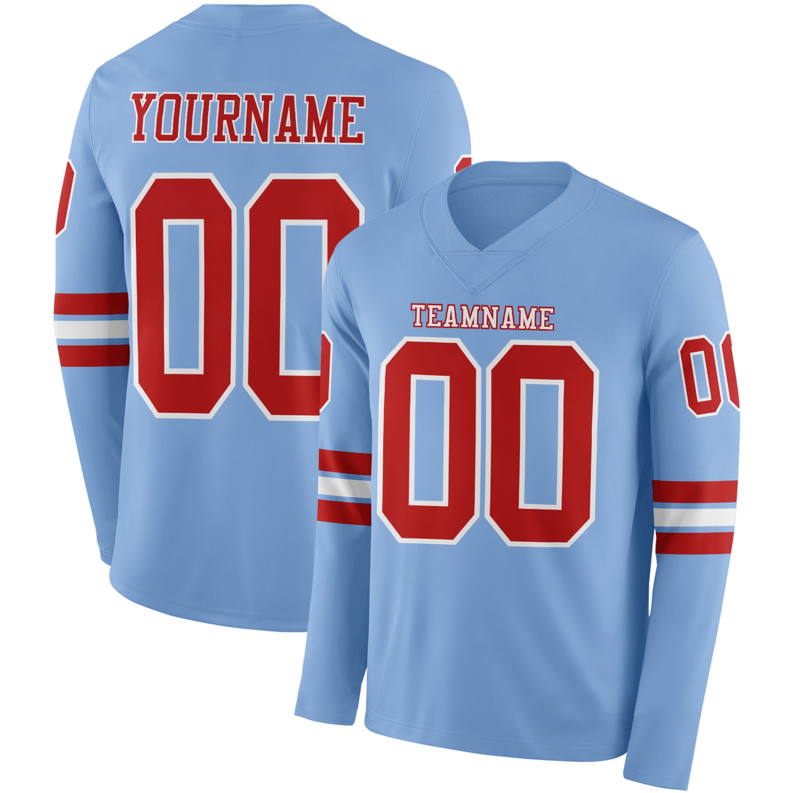 Custom Light Blue Red-White Long Sleeve Authentic Football Jersey