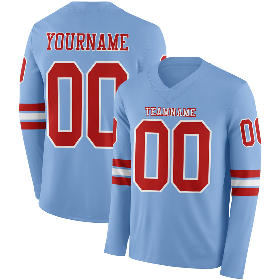 Custom Light Blue Red-White Long Sleeve Authentic Football Jersey