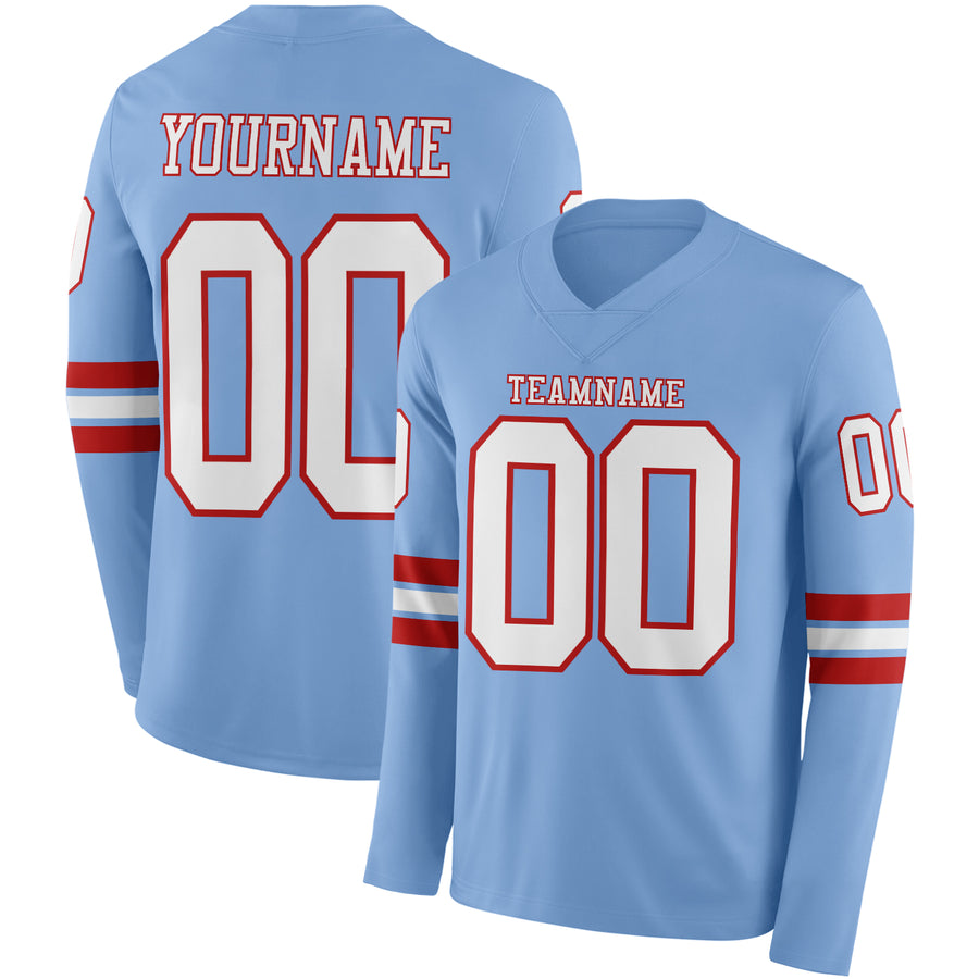 Custom Light Blue White-Red Long Sleeve Authentic Football Jersey