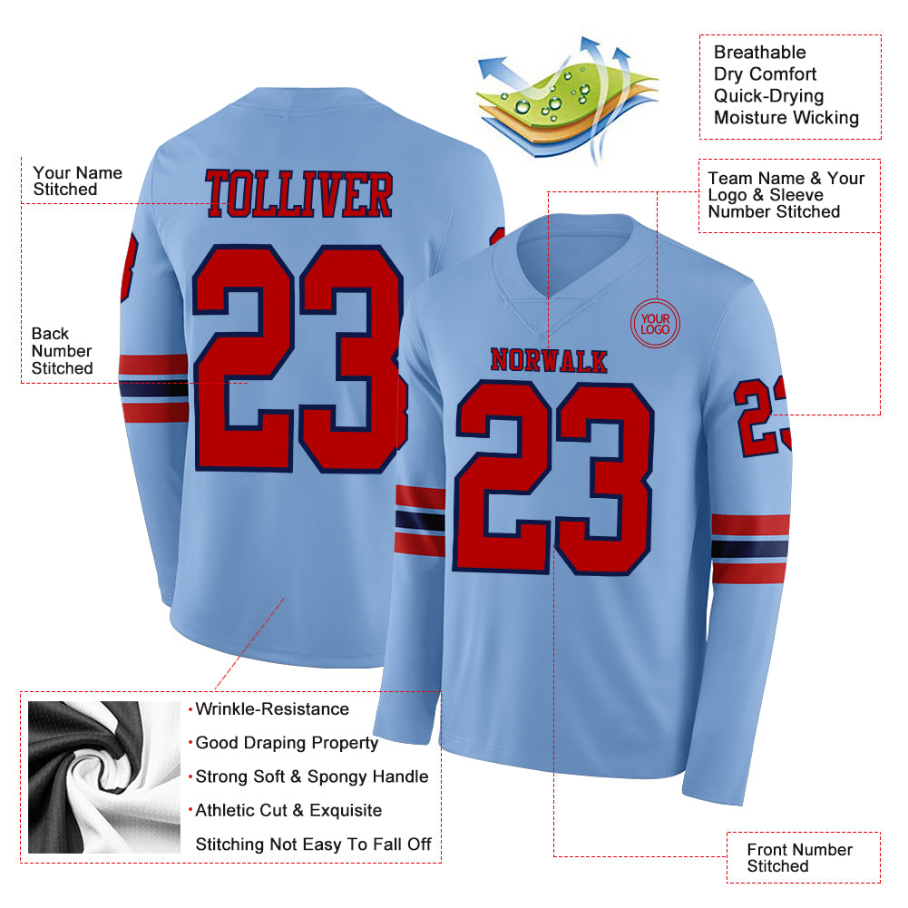 Custom Light Blue Red-Navy Long Sleeve Authentic Football Jersey