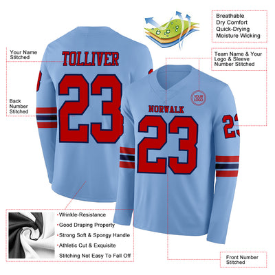 Custom Light Blue Red-Navy Long Sleeve Authentic Football Jersey