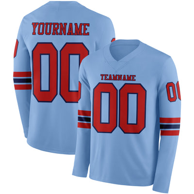 Custom Light Blue Red-Navy Long Sleeve Authentic Football Jersey