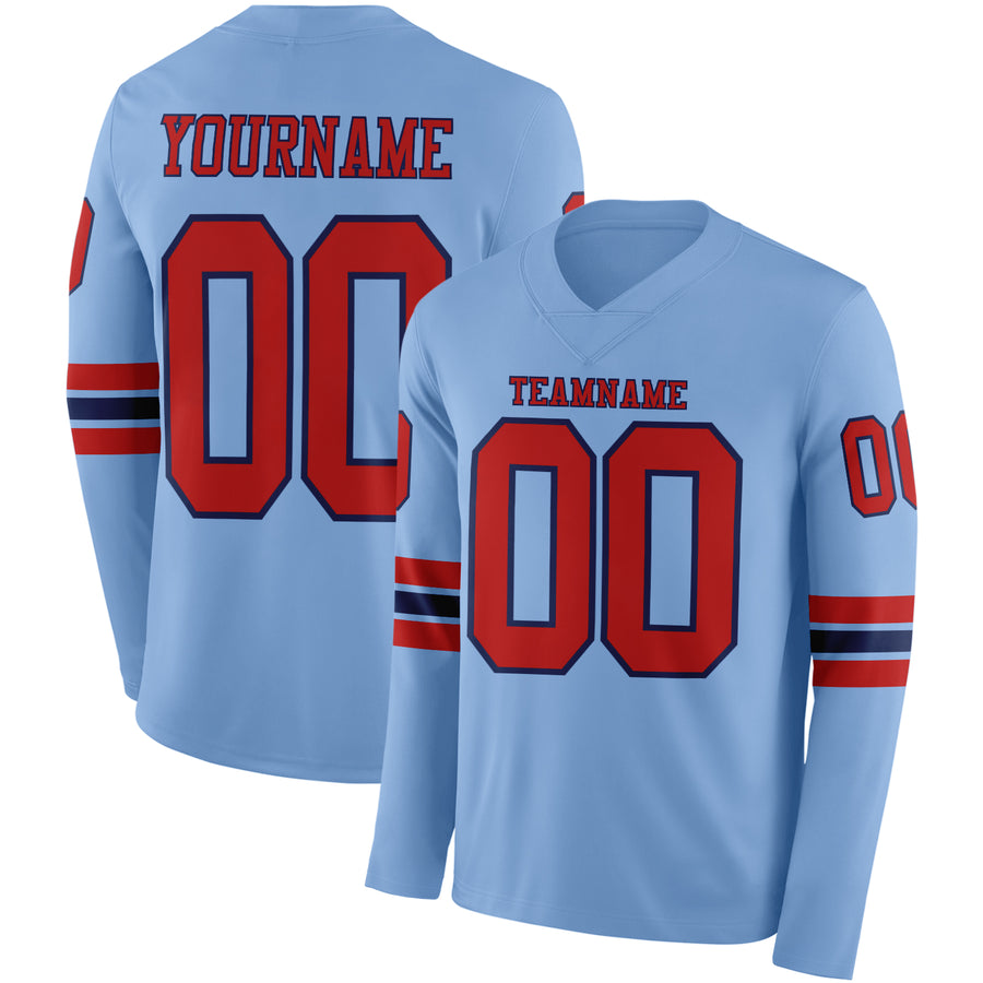 Custom Light Blue Red-Navy Long Sleeve Authentic Football Jersey
