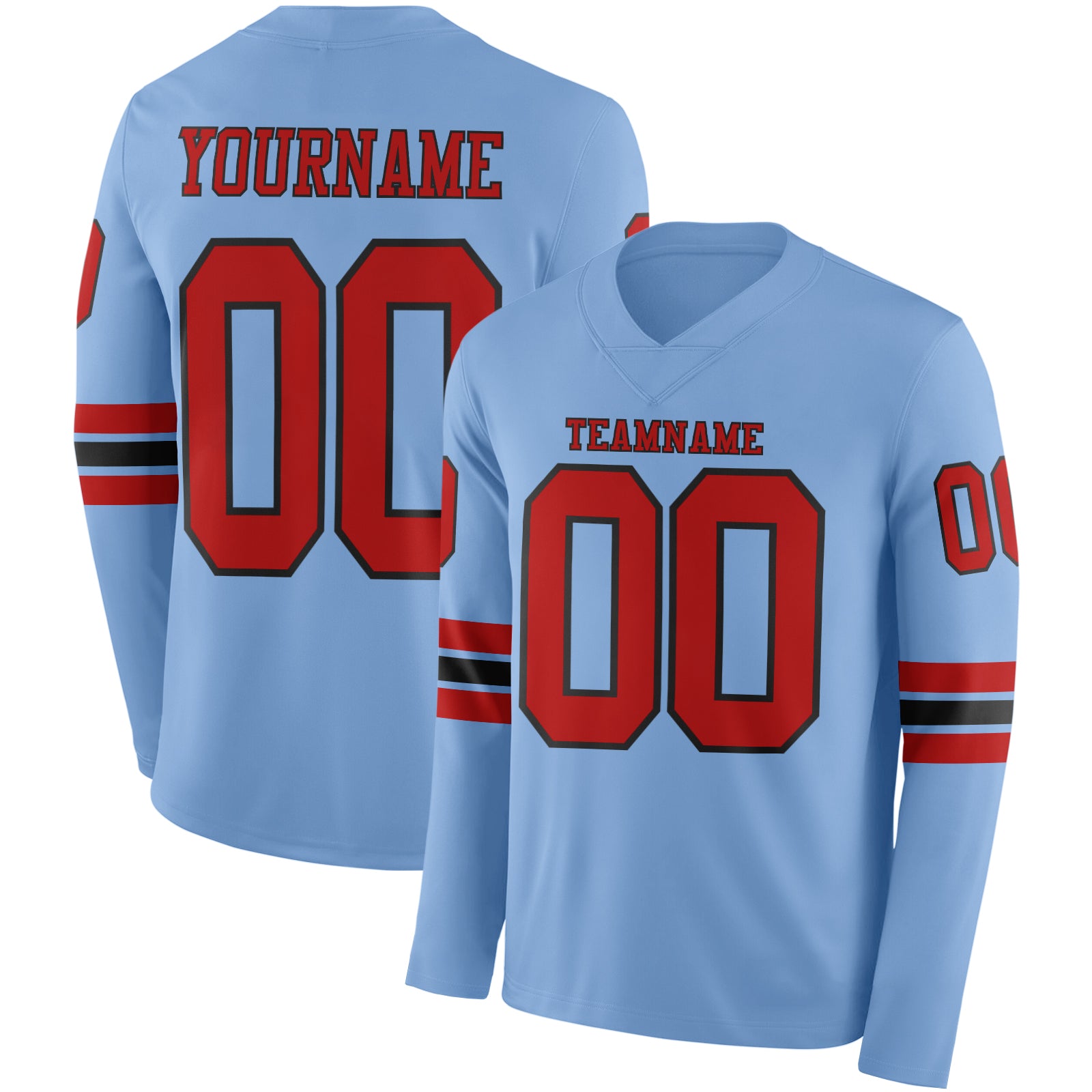 Custom Light Blue Red-Black Long Sleeve Authentic Football Jersey