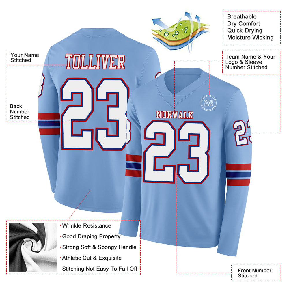 Custom Light Blue White Royal-Red Long Sleeve Authentic Football Jersey