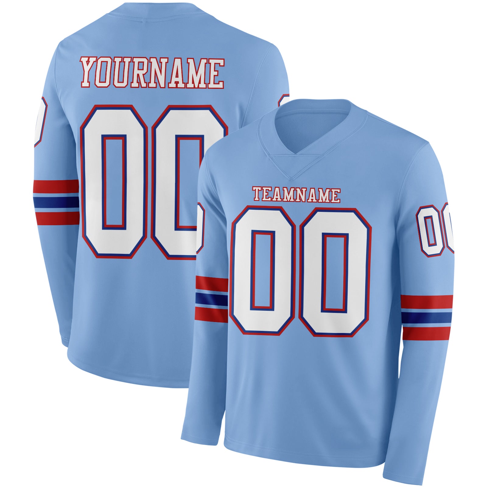 Custom Light Blue White Royal-Red Long Sleeve Authentic Football Jersey