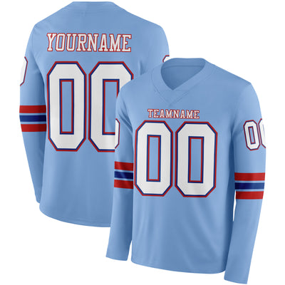 Custom Light Blue White Royal-Red Long Sleeve Authentic Football Jersey