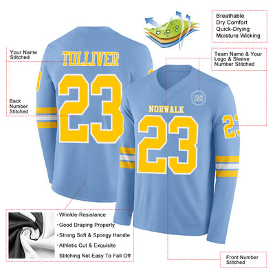 Custom Light Blue Yellow-White Long Sleeve Authentic Football Jersey