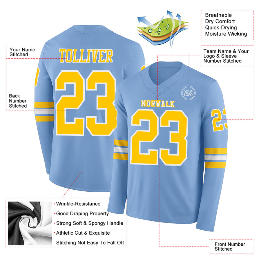 Custom Light Blue Yellow-White Long Sleeve Authentic Football Jersey