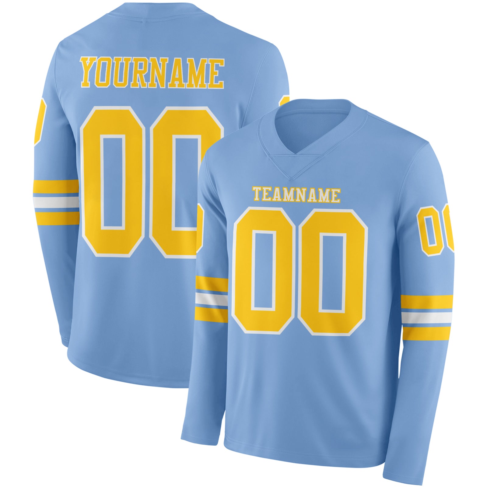 Custom Light Blue Yellow-White Long Sleeve Authentic Football Jersey