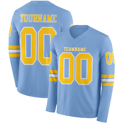 Custom Light Blue Yellow-White Long Sleeve Authentic Football Jersey